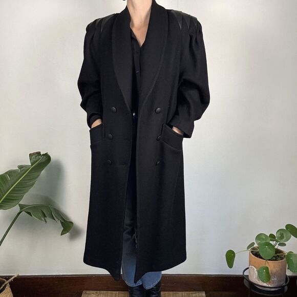 Vintage Jofeld 80s Double Breasted Black Wool & Leather Trench Coat USA ILGWU - Picture 2 of 14